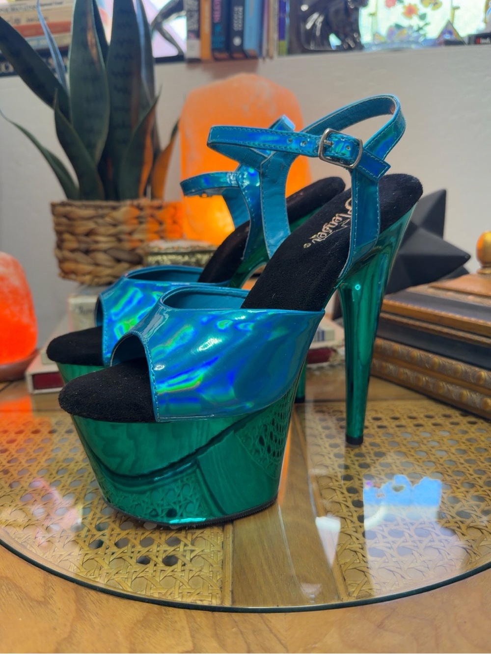 Pleaser Adore 709 Holographic Platform Stiletto Heels Blue Green Size 9